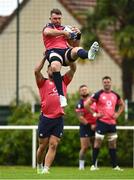 12 September 2023; Peter O’Mahony is lifted by Rónan Kelleher during an Ireland rugby squad training session at Complexe de la Chambrerie in Tours, France. Photo by Brendan Moran/Sportsfile