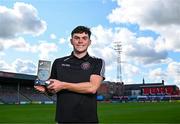 14 September 2023; James Clarke of Bohemians with his SSE Airtricity / SWI Player of the Month award for August 2023 at Dalymount Park in Dublin. Photo by Harry Murphy/Sportsfile