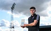 14 September 2023; James Clarke of Bohemians with his SSE Airtricity / SWI Player of the Month award for August 2023 at Dalymount Park in Dublin. Photo by Harry Murphy/Sportsfile