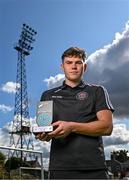 14 September 2023; James Clarke of Bohemians with his SSE Airtricity / SWI Player of the Month award for August 2023 at Dalymount Park in Dublin. Photo by Harry Murphy/Sportsfile