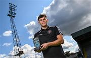 14 September 2023; James Clarke of Bohemians with his SSE Airtricity / SWI Player of the Month award for August 2023 at Dalymount Park in Dublin. Photo by Harry Murphy/Sportsfile