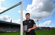14 September 2023; James Clarke of Bohemians with his SSE Airtricity / SWI Player of the Month award for August 2023 at Dalymount Park in Dublin. Photo by Harry Murphy/Sportsfile