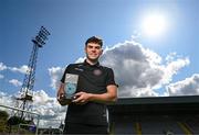 14 September 2023; James Clarke of Bohemians with his SSE Airtricity / SWI Player of the Month award for August 2023 at Dalymount Park in Dublin. Photo by Harry Murphy/Sportsfile