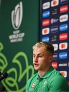 12 September 2023; Craig Casey speaks to the media during an Ireland rugby media conference at Complexe de la Chambrerie in Tours, France. Photo by Brendan Moran/Sportsfile