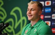 12 September 2023; Craig Casey speaks to the media during an Ireland rugby media conference at Complexe de la Chambrerie in Tours, France. Photo by Brendan Moran/Sportsfile