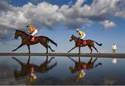 12 September 2023; Madame Peltier, with Joey Sheridan up, left, and Beanie To Sea, with James Joseph Slevin up, right, go to post before the Buckets Of Value At Tote Claiming Race at the Laytown Strand Races in Laytown, Meath. Photo by David Fitzgerald/Sportsfile