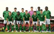 12 September 2023; The Republic of Ireland team, back row, from left, Sinclair Armstrong, Rocco Vata, James Furlong, Josh Keeley, James Abankwah and Bosun Lawal. Front row, from left to right, Sam Curtis, Baba Adeeko, Matt Healy, Tony Springett  and Andrew Moran before the UEFA European Under-21 Championship Qualifier match between Republic of Ireland and San Marino at Turner’s Cross Stadium in Cork. Photo by Eóin Noonan/Sportsfile