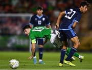 12 September 2023; Andrew Moran of Republic of Ireland is tackled by Alessandro Giambalvo of San Marino during the UEFA European Under-21 Championship Qualifier match between Republic of Ireland and San Marino at Turner’s Cross Stadium in Cork. Photo by Eóin Noonan/Sportsfile