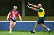 13 September 2023; Keith Earls with physiotherapist Peter Scullion during an Ireland rugby squad training session at Complexe de la Chambrerie in Tours, France. Photo by Brendan Moran/Sportsfile