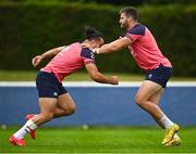 13 September 2023; Stuart McCloskey, right, and James Lowe during an Ireland rugby squad training session at Complexe de la Chambrerie in Tours, France. Photo by Brendan Moran/Sportsfile
