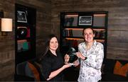 13 September 2023; Dublin’s Hannah Tyrrell is presented with The Croke Park/LGFA Player of the Month award for August 2023 by Ina Lazar, Sales Manager, The Croke Park at The Croke Park in Jones Road, Dublin. Hannah was Player of the Match in the 2023 TG4 All-Ireland Senior Final against Kerry on August 13 at Croke Park. The 33-year-old Na Fianna star scored eight first half points, including four from play, to help the Sky Blues to Brendan Martin Cup glory. Hannah finished the 2023 TG4 All-Ireland Championship with an overall tally of 1-21 and was a key figure in Dublin’s march to a first TG4 All-Ireland Senior title since 2020. Photo by Piaras Ó Mídheach/Sportsfile