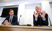 14 September 2023; FAI director of football Marc Canham, left, and FAI chief executive Jonathan Hill during an FAI media briefing at FAI Headquarters in Abbotstown, Dublin. Photo by Stephen McCarthy/Sportsfile