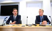 14 September 2023; FAI director of football Marc Canham, left, and FAI chief executive Jonathan Hill during an FAI media briefing at FAI Headquarters in Abbotstown, Dublin. Photo by Stephen McCarthy/Sportsfile