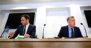 14 September 2023; FAI director of football Marc Canham, left, and FAI chief executive Jonathan Hill during an FAI media briefing at FAI Headquarters in Abbotstown, Dublin. Photo by Stephen McCarthy/Sportsfile