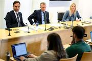 14 September 2023; FAI director of football Marc Canham, left, FAI chief executive Jonathan Hill, centre, and FAI director of marketing and communications Louise Cassidy during an FAI media briefing at FAI Headquarters in Abbotstown, Dublin. Photo by Stephen McCarthy/Sportsfile