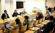 14 September 2023; A general view during an FAI media briefing, featuring FAI director of football Marc Canham, left, FAI chief executive Jonathan Hill, centre, and FAI director of marketing and communications Louise Cassidy, at FAI Headquarters in Abbotstown, Dublin. Photo by Stephen McCarthy/Sportsfile