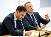 14 September 2023; FAI chief executive Jonathan Hill, right, and FAI director of football Marc Canham during an FAI media briefing at FAI Headquarters in Abbotstown, Dublin. Photo by Stephen McCarthy/Sportsfile