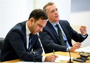 14 September 2023; FAI chief executive Jonathan Hill, right, and FAI director of football Marc Canham during an FAI media briefing at FAI Headquarters in Abbotstown, Dublin. Photo by Stephen McCarthy/Sportsfile