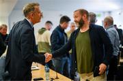 14 September 2023; FAI chief executive Jonathan Hill, left, and Irish Times journalist Gavin Cummiskey after an FAI media briefing at FAI Headquarters in Abbotstown, Dublin. Photo by Stephen McCarthy/Sportsfile