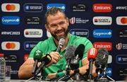 14 September 2023; Head coach Andy Farrell during an Ireland rugby media conference at the Westotel Nantes Atlantique in Nantes, France. Photo by Brendan Moran/Sportsfile