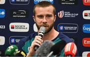 14 September 2023; Mack Hansen during an Ireland rugby media conference at the Westotel Nantes Atlantique in Nantes, France. Photo by Brendan Moran/Sportsfile