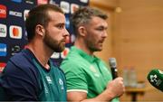 14 September 2023; Mack Hansen, left, and Peter O'Mahony during an Ireland rugby media conference at the Westotel Nantes Atlantique in Nantes, France. Photo by Brendan Moran/Sportsfile