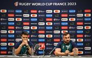 14 September 2023; Rónan Kelleher, right, and Conor Murray during an Ireland rugby media conference at the Westotel Nantes Atlantique in Nantes, France. Photo by Brendan Moran/Sportsfile