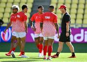 15 September 2023; Tonga atack coach Tyler Bleyendaal, right, during the Tonga rugby squad captain's run at the Stade de la Beaujoire in Nantes, France. Photo by Brendan Moran/Sportsfile