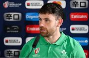 15 September 2023; Hugo Keenan during a media conference after the Ireland rugby squad captain's run at the Stade de la Beaujoire in Nantes, France. Photo by Brendan Moran/Sportsfile