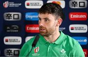 15 September 2023; Hugo Keenan during a media conference after the Ireland rugby squad captain's run at the Stade de la Beaujoire in Nantes, France. Photo by Brendan Moran/Sportsfile