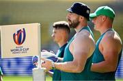 15 September 2023; Jack Conan, left, and Dan Sheehan look on during the Ireland rugby squad captain's run at the Stade de la Beaujoire in Nantes, France. Photo by Brendan Moran/Sportsfile