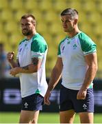 15 September 2023; Jonathan Sexton, right, and Mack Hansen during the Ireland rugby squad captain's run at the Stade de la Beaujoire in Nantes, France. Photo by Brendan Moran/Sportsfile