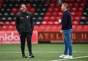 15 September 2023; Derry City manager Ruaidhrí Higgins, left, and former Dundalk manager Vinny Perth before the SSE Airtricity Men's Premier Division match between Derry City and Shamrock Rovers at The Ryan McBride Brandywell Stadium in Derry. Photo by Stephen McCarthy/Sportsfile