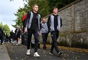 15 September 2023; Cameron Elliott, left, and Alfie Lewis of Dundalk arrive before the Sports Direct Men’s FAI Cup quarter-final match between Galway United and Dundalk at Eamonn Deacy Park in Galway. Photo by Ben McShane/Sportsfile