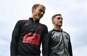 15 September 2023; Greg Sloggett, left, and John Martin of Dundalk before the Sports Direct Men’s FAI Cup quarter-final match between Galway United and Dundalk at Eamonn Deacy Park in Galway. Photo by Ben McShane/Sportsfile