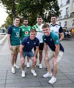 15 September 2023; Ireland supporters, back from left, John Cronin, Evan Dooley, Gavin Ryan and William O'Dwyer with front, Michael O'Doherty and Simon Farrell, from Cork and Tipperrary in Nantes, France ahead of Ireland's Rugby World Cup 2023 game against Tonga. Photo by Brendan Moran/Sportsfile