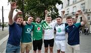 15 September 2023; Ireland supporters, from left, Michael O'Doherty, John Cronin, Evan Dooley, Gavin Ryan, William O'Dwyer and Simon Farrell, from Cork and Tipperrary in Nantes, France ahead of Ireland's Rugby World Cup 2023 game against Tonga. Photo by Brendan Moran/Sportsfile