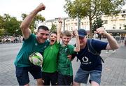 15 September 2023; Ireland supporters, from left, Robert Lewis and Robert Lewis Jnr, from Ballyfinn in Portlaoise, Laois, and Scott and Nigel Cooke, from Grange in Tipperary, in Nantes, France ahead of Ireland's Rugby World Cup 2023 game against Tonga. Photo by Brendan Moran/Sportsfile