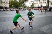 15 September 2023; Ireland supporters Robert Lewis Jnr, left, from Ballyfinn in Portlaoise, Laois, and Scott Cooke, from Grange in Tipperary, in Nantes, France ahead of Ireland's Rugby World Cup 2023 game against Tonga. Photo by Brendan Moran/Sportsfile