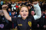 15 September 2023; Derry City supporter Braelin Diver before the SSE Airtricity Men's Premier Division match between Derry City and Shamrock Rovers at The Ryan McBride Brandywell Stadium in Derry. Photo by Stephen McCarthy/Sportsfile