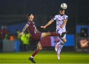 15 September 2023; Jordan Flores of Bohemians in action against Adam Foley of Drogheda United during the Sports Direct Men’s FAI Cup quarter-final match between Drogheda United and Bohemians at Weavers Park in Drogheda, Louth. Photo by Seb Daly/Sportsfile