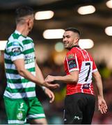 15 September 2023; Michael Duffy of Derry City and Ronan Finn of Shamrock Rovers during the SSE Airtricity Men's Premier Division match between Derry City and Shamrock Rovers at The Ryan McBride Brandywell Stadium in Derry. Photo by Stephen McCarthy/Sportsfile