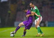 15 September 2023; Darragh Levingston of Wexford in action against Ally Gilchrist of Cork City during the Sports Direct Men’s FAI Cup quarter final match between Cork City and Wexford at Turner's Cross in Cork. Photo by Eóin Noonan/Sportsfile