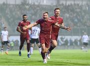 15 September 2023; Stephen Walsh of Galway United celebrates with team-mate Rob Slevin after scoring his side's first goal during the Sports Direct Men’s FAI Cup quarter-final match between Galway United and Dundalk at Eamonn Deacy Park in Galway. Photo by John Sheridan/Sportsfile