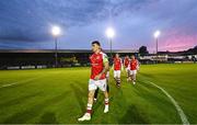 15 September 2023; St Patrick's Athletic captain Joe Redmond leads his side out before the Sports Direct Men’s FAI Cup quarter-final match between Finn Harps and St Patrick's Athletic at Finn Park in Ballybofey, Donegal. Photo by Ramsey Cardy/Sportsfile