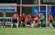 15 September 2023; Ronan Finn of Shamrock Rovers has a shot on goal blocked by Shane McEleney of Derry City during the SSE Airtricity Men's Premier Division match between Derry City and Shamrock Rovers at The Ryan McBride Brandywell Stadium in Derry. Photo by Stephen McCarthy/Sportsfile