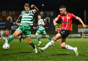 15 September 2023; Michael Duffy of Derry City in action against Daniel Cleary of Shamrock Rovers during the SSE Airtricity Men's Premier Division match between Derry City and Shamrock Rovers at The Ryan McBride Brandywell Stadium in Derry. Photo by Stephen McCarthy/Sportsfile