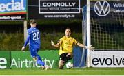 15 September 2023; Sean O’Donnell of Finn Harps scores his side's first goal past St Patrick's Athletic goalkeeper Dean Lyness during the Sports Direct Men’s FAI Cup quarter-final match between Finn Harps and St Patrick's Athletic at Finn Park in Ballybofey, Donegal. Photo by Ramsey Cardy/Sportsfile