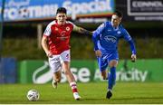 15 September 2023; Joe Redmond of St Patrick's Athletic in action against Patrick Ferry of Finn Harps during the Sports Direct Men’s FAI Cup quarter-final match between Finn Harps and St Patrick's Athletic at Finn Park in Ballybofey, Donegal. Photo by Ramsey Cardy/Sportsfile