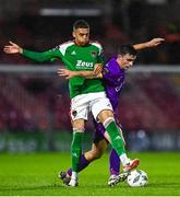 15 September 2023; Darragh Levingston of Wexford is tackled by Jaze Kabia of Cork City during the Sports Direct Men’s FAI Cup quarter final match between Cork City and Wexford at Turner's Cross in Cork. Photo by Eóin Noonan/Sportsfile